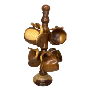 Set of 6 Hand-Carved Wood Mugs with Elegant Stand