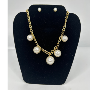 Gold Chain Necklace with Faux Pearls & Pearl Stud Earring Set