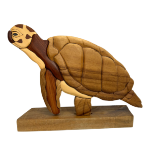 Handcrafted Wooden Turtle Sculpture on Stand