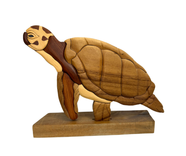 Handcrafted Wooden Turtle Sculpture on Stand