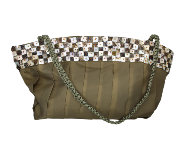 Mother of Pearl Olive Satin Purse with Crochet Handle