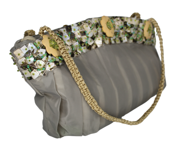 Mother of Pearl Beige Satin Purse with Crochet Handle - Image 2