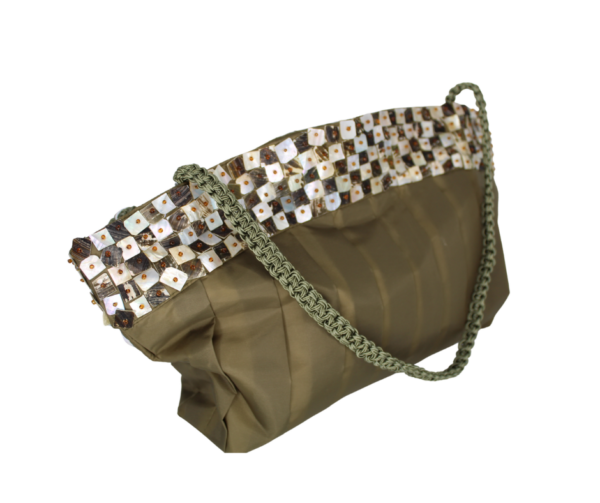 Mother of Pearl Olive Satin Purse with Crochet Handle - Image 3