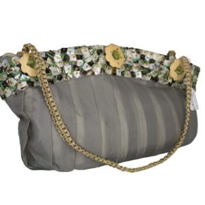 Mother of Pearl Beige Satin Purse with Crochet Handle