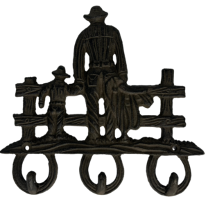 Cowboy Leaning on Fence with 3 Horseshoe Hooks